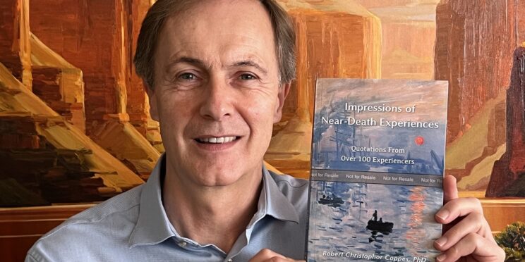 Author bob coppes poses with his book impressions of near-death experiences quotations from over 100 experiencers
