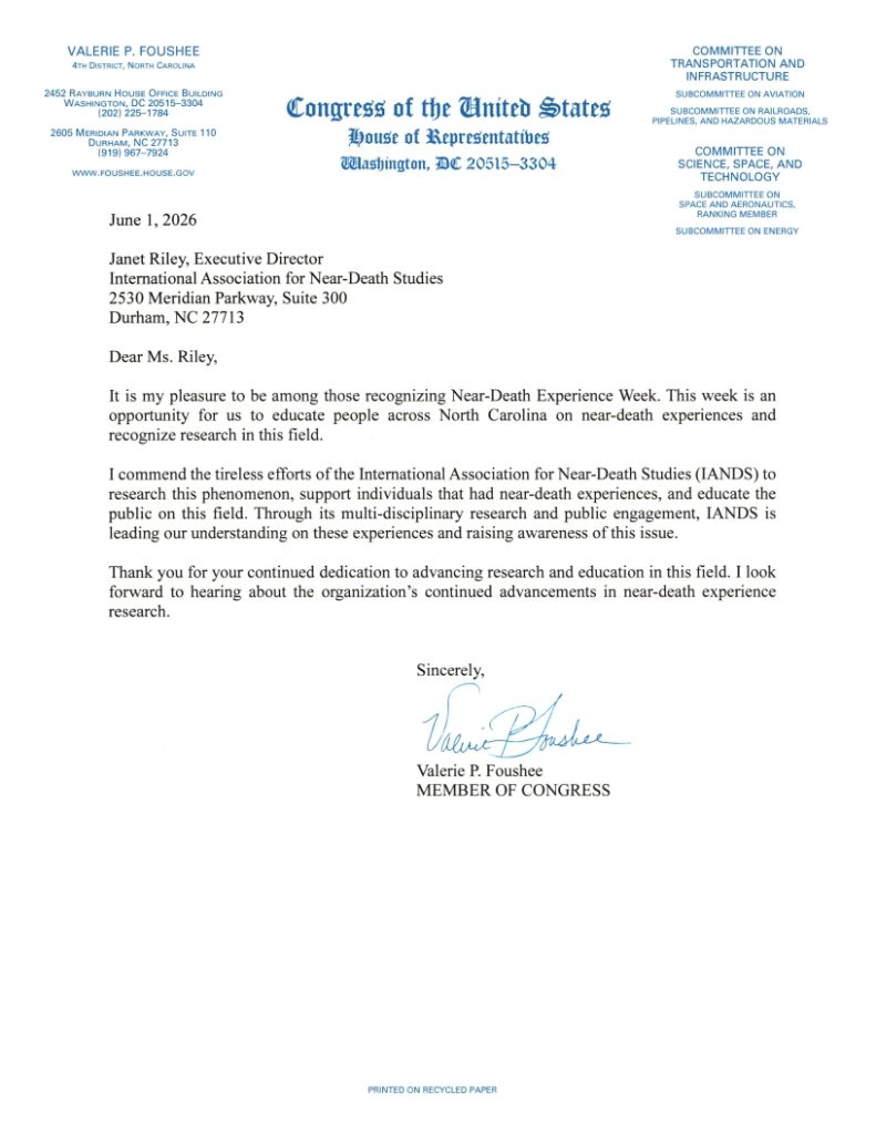 Foushee-near-death-experience-week-recognition ‣ iands Letter from congresswoman valerie p. Foushee recognizing near-death experience week and the tireless efforts of the iands team