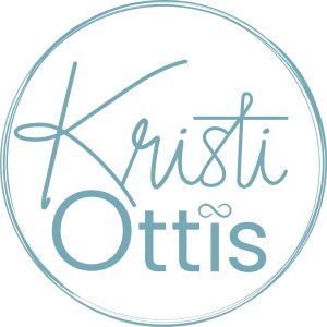 Kristi_ottis_logo_white_background ‣ iands Teal circular brushstroke logo with handwritten text reading 'kids outfits'.