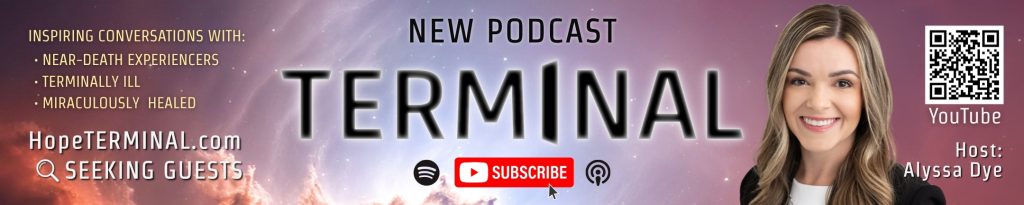 Banner for a new podcast called terminal with host alyssa dye, featuring youtube qr code and subscribe icon links, gradient space background.