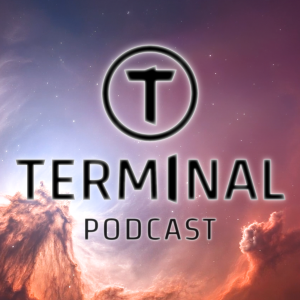 Podcast cover art: a bold 'terminal' title over a purple-blue space background with a glowing circular logo containing a stylized 't'
