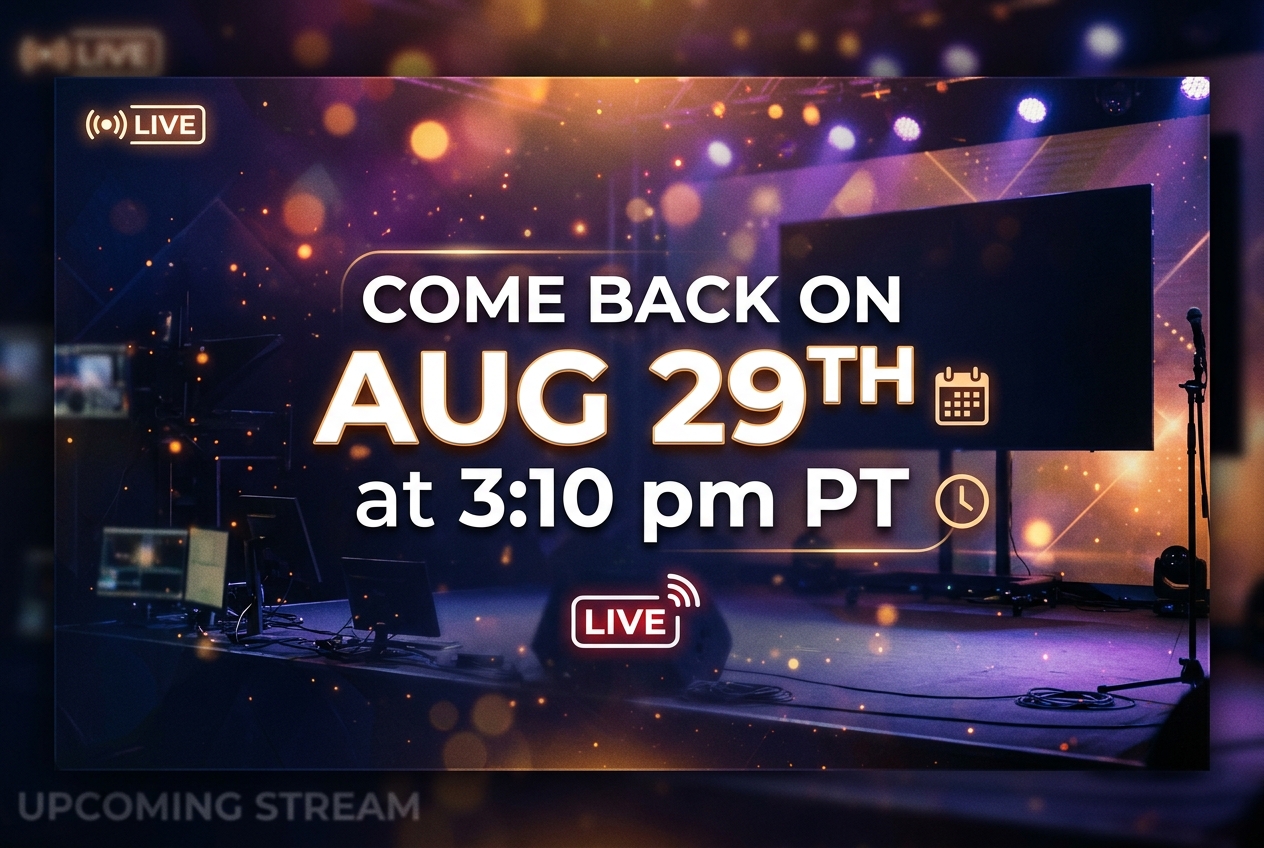 A live stream video placeholder image that says come back ‣ iands Promotional banner announcing a live stream comeback on aug 29 at 3:10 pm pt with stage lights and a live icon.