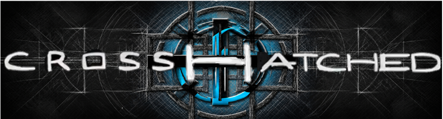 Logo for 'crosshatched' with a blue circular target and crosshair overlay on a dark, technical background.