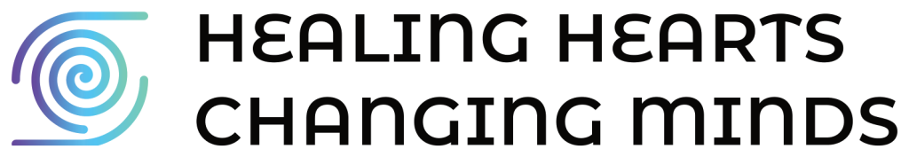 Logo: gradient spiral graphic to the left with the text 'healing hearts changing minds' to the right.