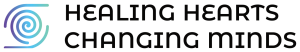 Logo: gradient spiral graphic to the left with the text 'healing hearts changing minds' to the right.